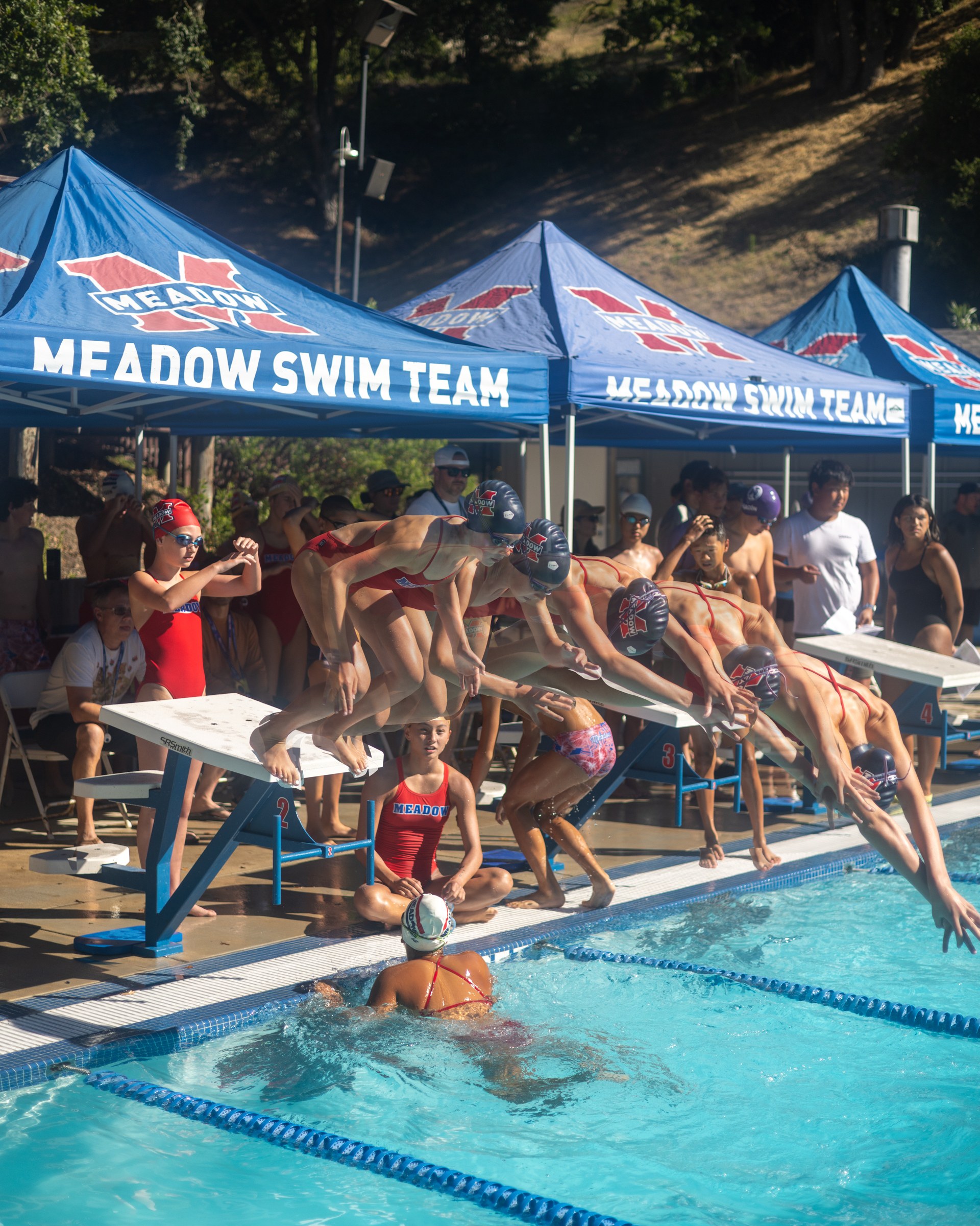Swimmers launching off the blocks under the Meadow Swim Team tents